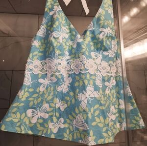 Lilly Pulitzer Vintage Blue Green White Butterfies Halter Top Sz 12